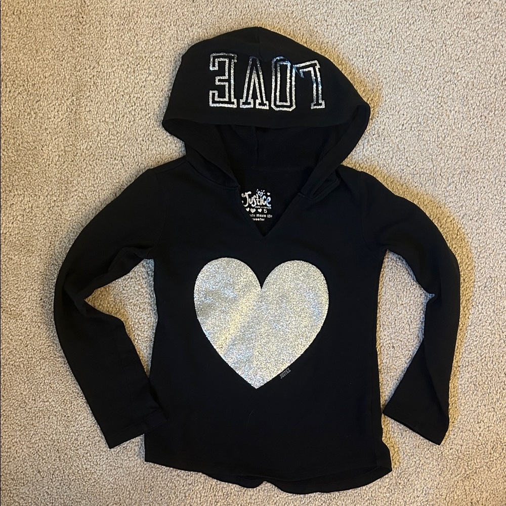 Justice Black Hoodie with Silver Love and Heart